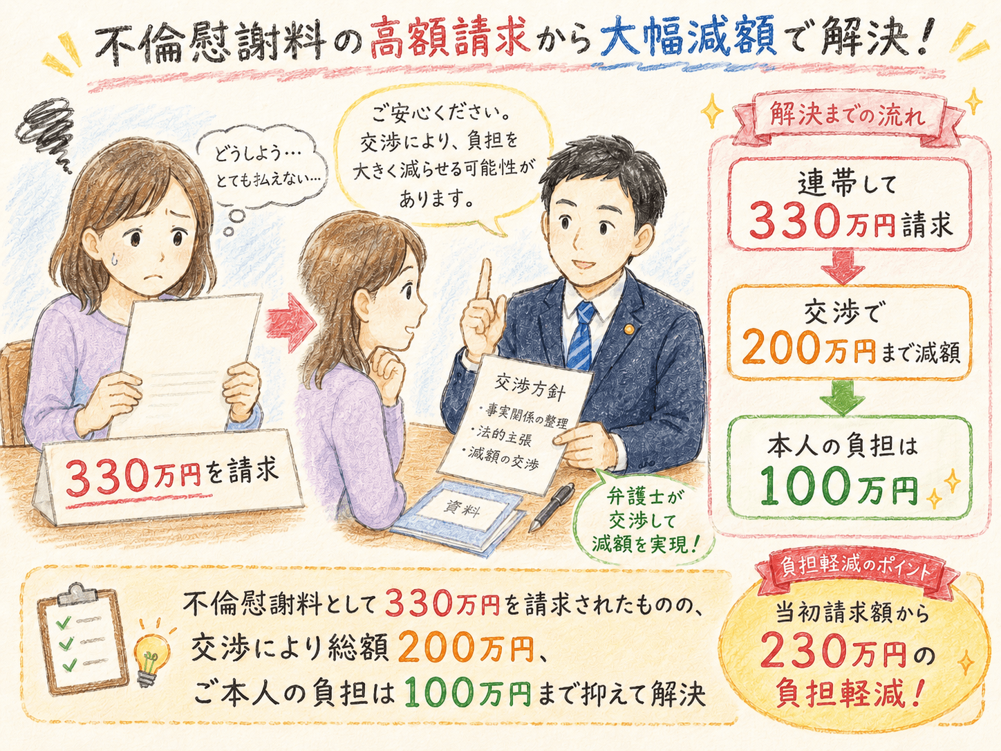 ３－２　解決事例２：３３０万円の慰謝料請求を受け負担割合を１００万円まで抑えた事例